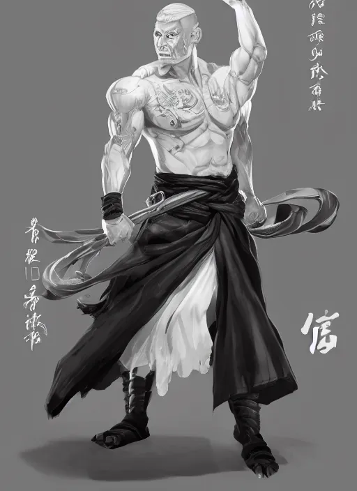 Prompt: a highly detailed illustration of short white hair parted down middle fierce asian man, wearing hakama, with black sclera eyes, heroically battle posing, muscular, intricate, elegant, highly detailed, by greg rutowski, centered, digital painting, artstation, cgsociety, concept art, smooth, sharp focus, league of legends concept art, WLOP