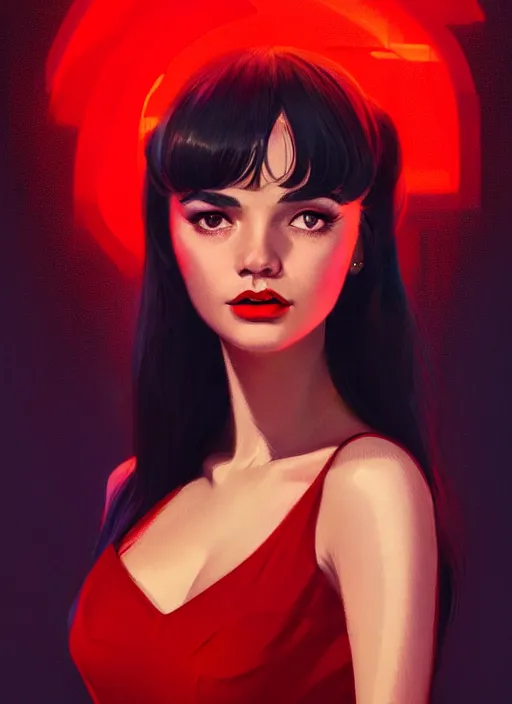 Image similar to portrait of veronica lodge with bangs, 1 9 6 0 s, long hair, red clothes, bangs, intricate, elegant, glowing lights, highly detailed, digital painting, artstation, concept art, smooth, sharp focus, illustration, art by wlop, mars ravelo and greg rutkowski