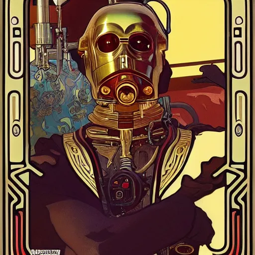 Prompt: c 3 po smoking crack cocaine by mcfarlane, alphonse mucha, artgerm and greg rutkowski and magali villeneuve. realistic.