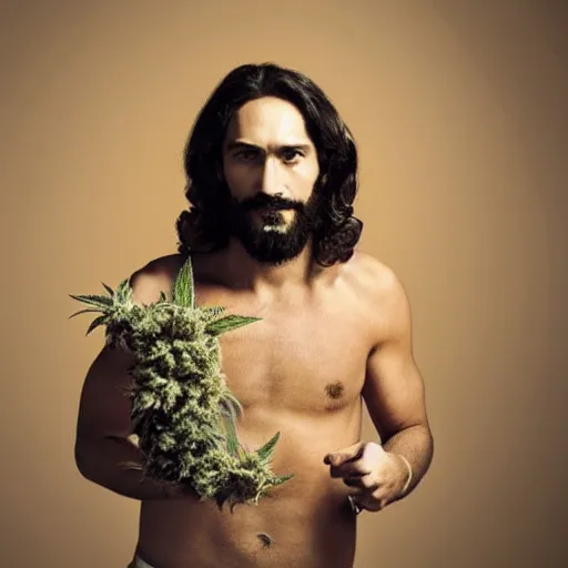 Image similar to photograph of jesus holding a bag of weed