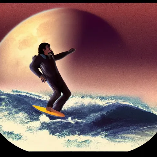 Prompt: rene descartes on a moonwalk. surfing. artstation. hd