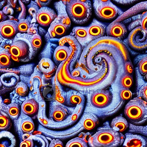 Image similar to fiery whimsical emotional eyes cephalopod, in a photorealistic macro photograph with shallow dof, in the deepest seas of the unconscious psyche