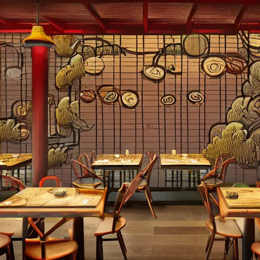 Prompt: a beautiful hyperdetailed interior 4 k hd wallpaper illustration of roasted string hotpot restaurant restaurant yan'an, wall corner, simple style, wall painting, from china, with merchant logo, simple structure, surrealistic, chinese style, victo ngai