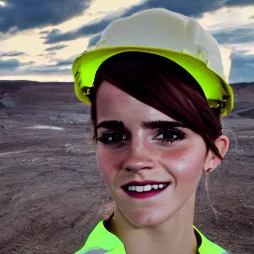 Image similar to photo, close up, emma watson in a hi vis vest, in dusty open pit mine, android cameraphone, 2 6 mm,