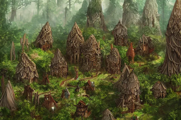 Image similar to a wood elf village suspended high in the redwood tree canopy, fantasy setting, dense vegetation, very detailed, d & d concept art, 4 k