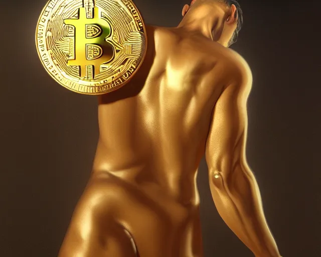 Image similar to attractive oiled up glossy man posing in front of a huge golden bitcoin, angelic light, commercial by annie liebovitz, tom finland, gaston bussiere, craig mullins, j. c. leyendecker, photorealistic, trending artstation, 8 k, smooth