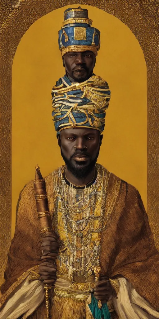 Image similar to a stunning and noble highly detailed romantic period style portrait of Mansa Musa by Josep Tapiró Baró, trending on artstation, oil painting masterpiece, symmetry, African iconography