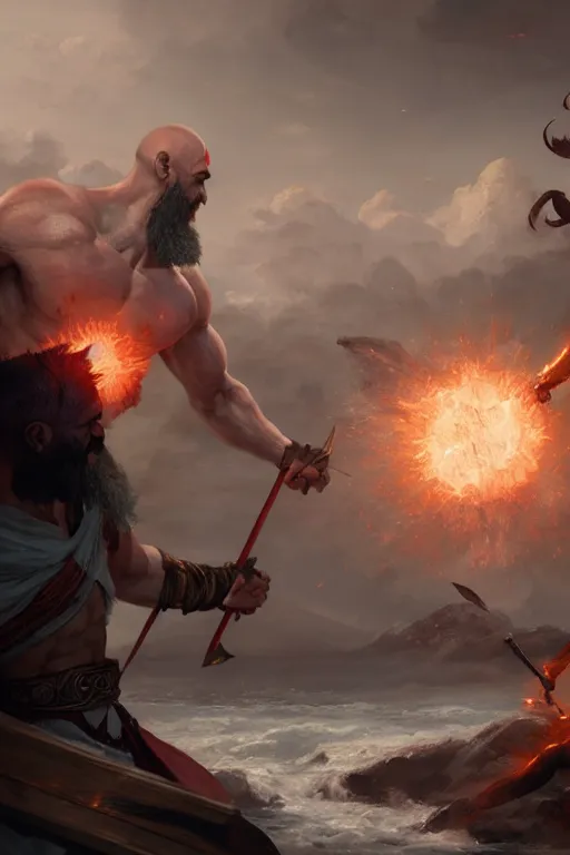 Image similar to kratos fighting zeus in the olympus, highly detailed, digital painting, artstation, cinematic, illustration, unreal engine 5, 8 k, art by greg rutkowski and edgar maxence