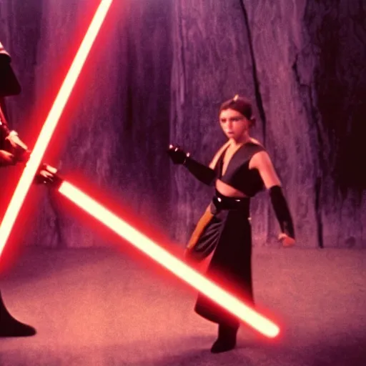 Image similar to film still of princess leia fighting darth vader in a lightsaber battle, star wars, 1 9 7 0, kodak, film, lightsabers, dramatic lighting, epic