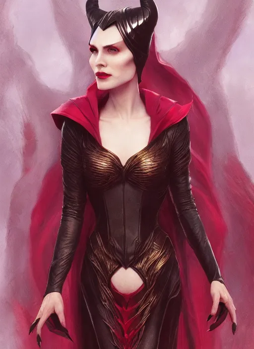 Image similar to scarlet witch as maleficent, naturel, hyper detailed, digital art, trending in artstation, cinematic lighting, studio quality, smooth render, unreal engine 5 rendered, octane rendered, art style by klimt and nixeu and ian sprigger and wlop and krenz cushart