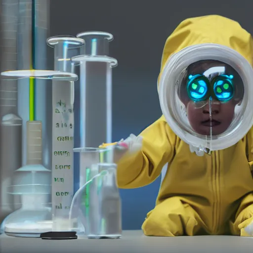 Prompt: A cute baby scientist wearing hazmat suit in the lab, biohazard, detailed eyes, award winning art by beeple