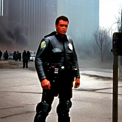 Image similar to Environment = Detroit 1987, only one cop part man part machine can stand up to crime - Cyborg Cop, Character = Cyborg Cop who is a cybernetic organism part human part machine, all justice, Style = Ultra Realistic, VHS film, Total Recall, Das Boot, Starship Troopers, cinematography by Jost Vacano, Composure = Establishing shot, Exterior Shot, Cinematic Film, 4k