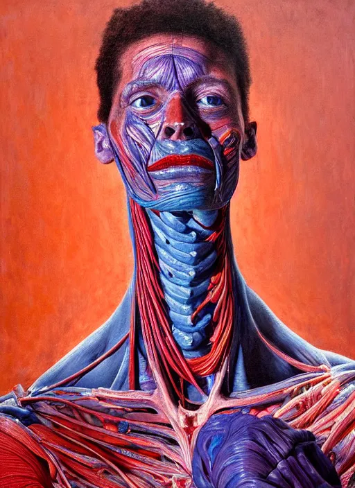 Image similar to highly detailed and textured painting of a deformed anatomical portrait, emotionally expressive, highly detailed oil painting, soft light 4 k, red, blue and purple colour palette, cinematic composition, cinematic lighting, sharp focus, masterpiece by ernie barnes and jenny saville