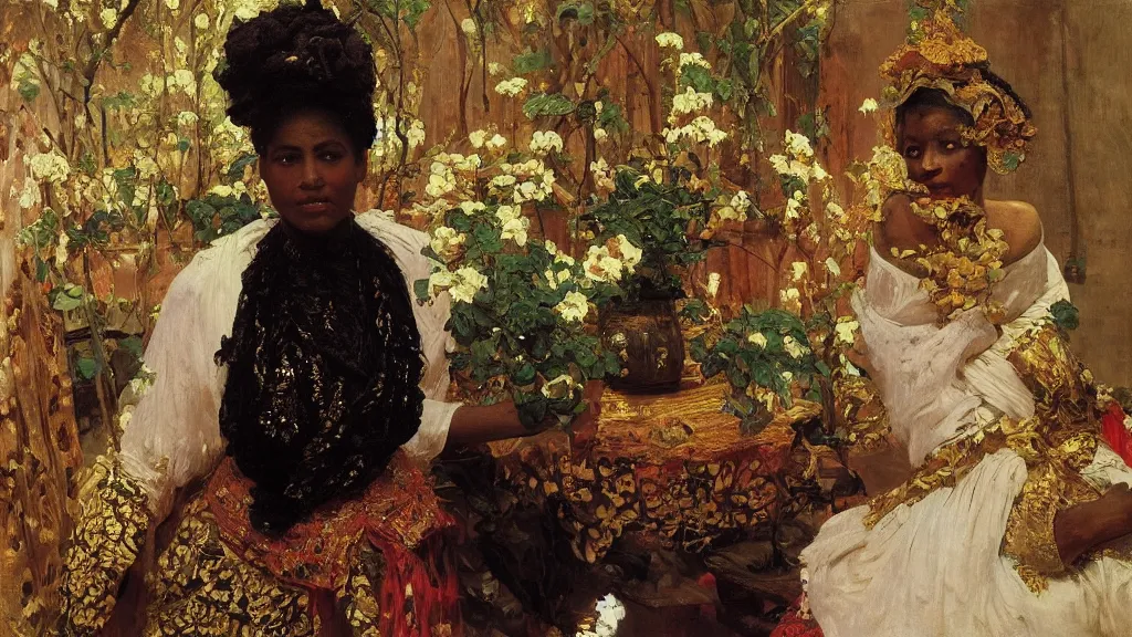 Image similar to high quality high detail painting by ilya repin, black woman in a white room with many plants, intricate costume design, orientalist, partially gold, ornate, elite, luxury, hd