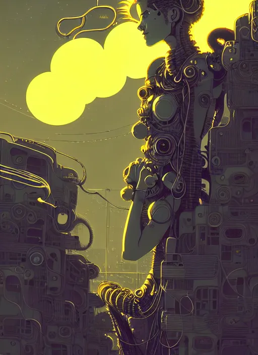 Image similar to highly detailed portrait of wasteland punk long curly bright yellow and white plasma electricity hair tribal lady, stray electric spark wiring by atey ghailan, james gilleard, by joe fenton, by greg rutkowski, by greg tocchini, by kaethe butcher, 4 k resolution, gradient yellow, black and white color scheme!!! ( ( lightning cloudy robotic dystopian city background ) )