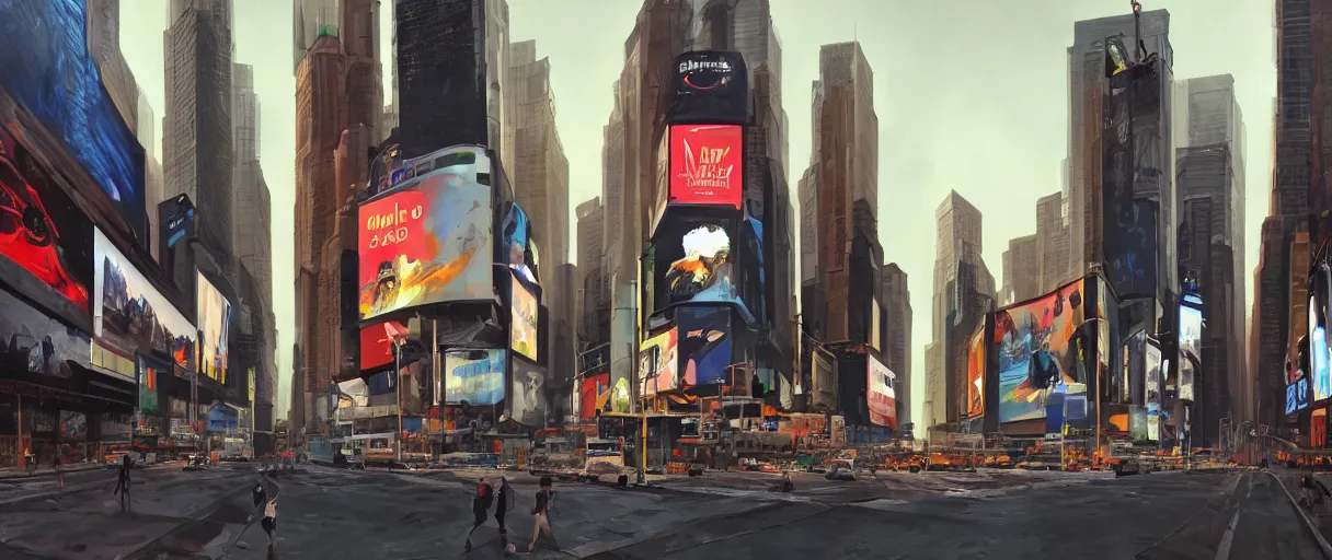 Image similar to huge modern downtown city, billboards, advertisements, Times Square, small buildings, dark, concept art, digital painting, style of Ralph Mcquarrie, warm lighting, futuristic, volumetric lighting, street view, daytime, godrays , high detail