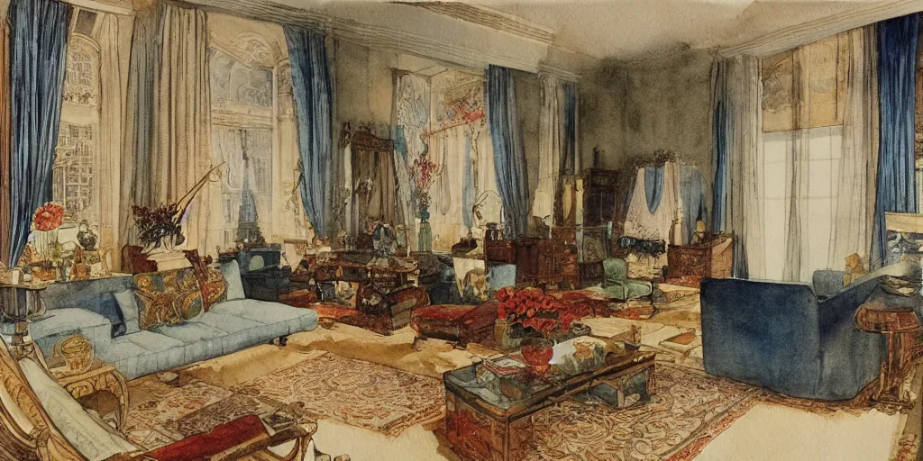 Prompt: a hiper intricate watercolor of a beauty modern living room, reflexions, intricate details, smooth, by william turner art, by greg rutowski by edmund dulac, by