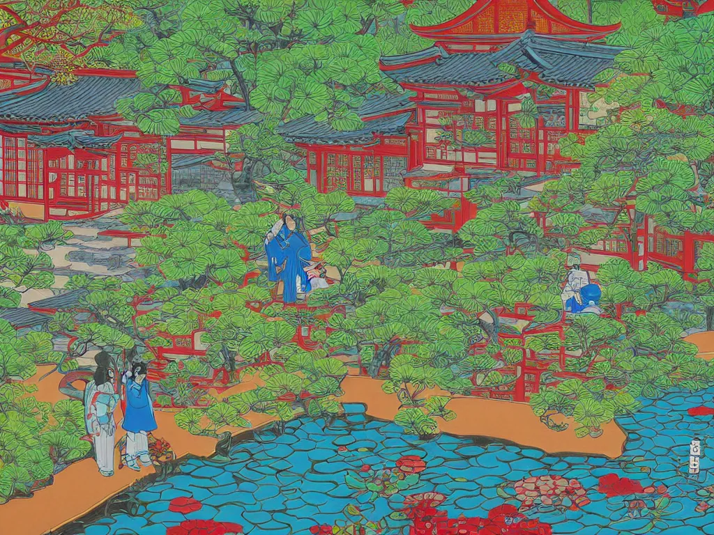 Prompt: close - up traditional japanese home with a garden, a pond in the garden, startroopers are sitting around the pond, a combination of pop - art and traditional japanese painting styles, the style of andy warhol and jackie tsai, bright palette, acrylic on canvas