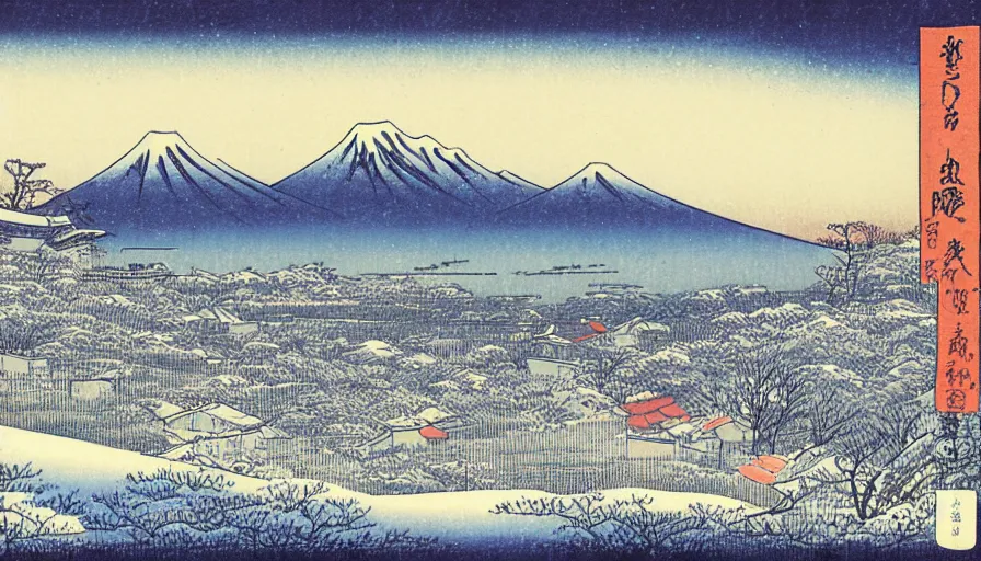 Prompt: snow field scenery at night, snowy and windy, with some tombs on the hill, by hiroshige utakawa, ukiyoe