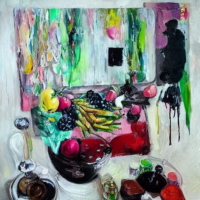 Prompt: “ a portrait in a female art student ’ s apartment, sensual, vegetables, art supplies, paint tubes, palette knife, pigs, ikebana, herbs, a candle dripping white wax, squashed berries, berry juice drips, acrylic and spray paint and oilstick on canvas, surrealism, neoexpressionism ”