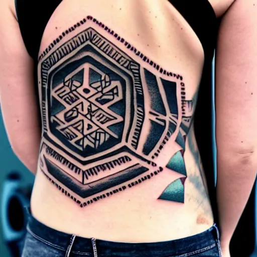 Image similar to sp - 4 0 4 audio mixer in the style of tattoo along female lower back