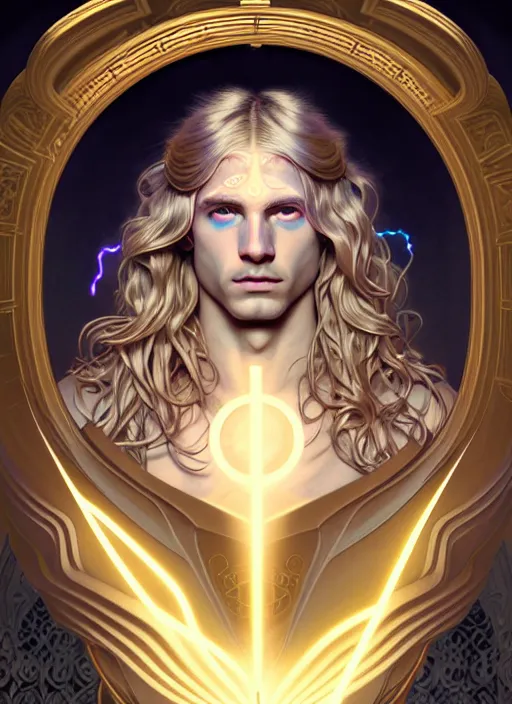 Prompt: portrait of smirking young god apollo, wavy blond hair, bright halo, glowing eyes, volumetric lights, platinum scheme, art nouveau botanicals, gothic, intricate, highly detailed, digital painting, artstation, concept art, smooth, sharp focus, symmetric face, illustration, steampunk, art by artgerm and greg rutkowski and alphonse mucha