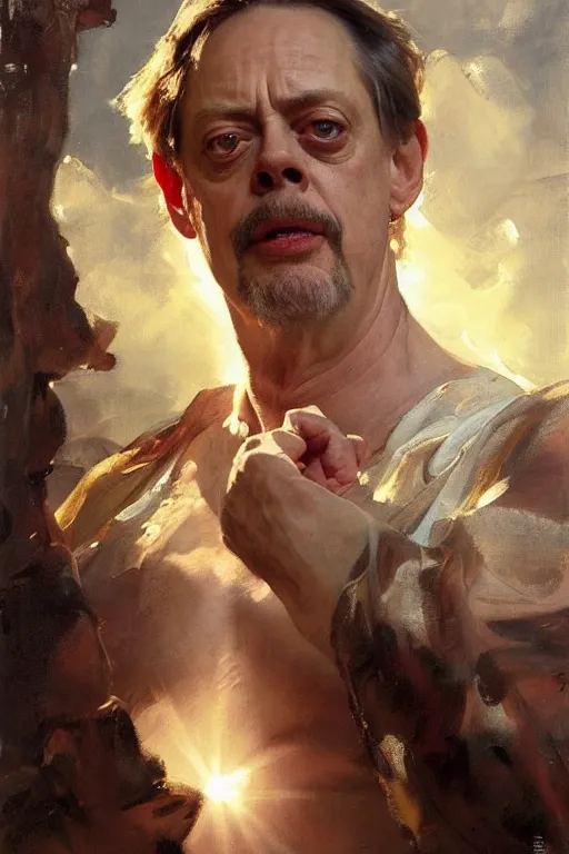 Image similar to beautiful expressive oil painting portrait of ancient roman god emperor steve buscemi ascending wearing the civic crown, art by anders zorn, wonderful masterpiece by greg rutkowski, beautiful cinematic light, american romanticism by greg manchess, jessica rossier