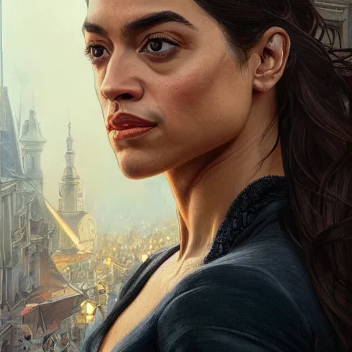 Image similar to ultra realistic illustration, alexandria ocasio - cortez in le miserables, intricate, elegant, highly detailed, digital painting, artstation, concept art, smooth, sharp focus, illustration, art by artgerm and greg rutkowski and alphonse mucha