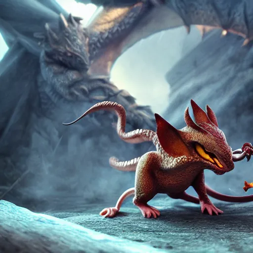 Image similar to cartoon mice fighting a dragon, 8K, octane render, unreal engine, dramatic lighting, cinematic, establishing shot, extremely high detail, foto realistic, cinematic lighting, post processed, concept art, high details, cinematic, 8k resolution, beautiful detailed, photorealistic, digital painting, artstation, concept art, smooth, sharp focus, artstation trending, octane render, unreal engine