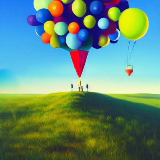 Image similar to a person standing on top of a hill under a bunch of balloons, digital art by RHADS, shutterstock contest winner, digital art, behance hd, photoillustration, whimsical