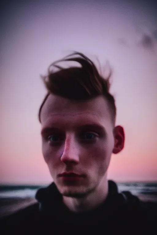 Image similar to high quality pastel coloured film mid angle selfie photograph of a young beautiful man standing in an icelandic black rock environment. atmospheric. three point light. photographic. art directed. pastel colours. volumetric light. stark. waves glitch. 8 k. filmic.
