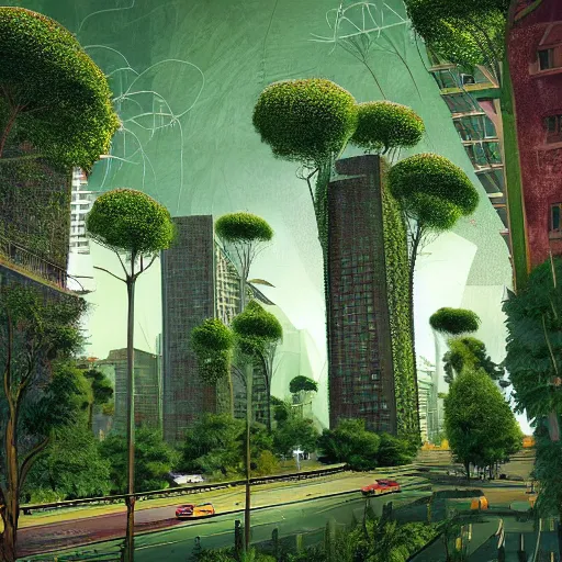 Image similar to Beautiful city of the future, overgrown with trees and plants. Nice colour scheme, warm colour. Grainy. Beautiful artistic digital artwork by artist Lurid. (2022)