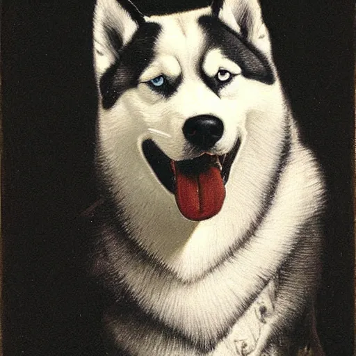 Prompt: A portrait painting of a siberian husky by Rembrandt