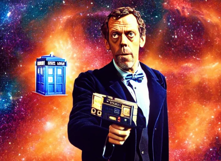 Image similar to product photo still of vhs cover of hugh laurie as doctor who in front of a nebula through the open door of the tardis on a vhs box