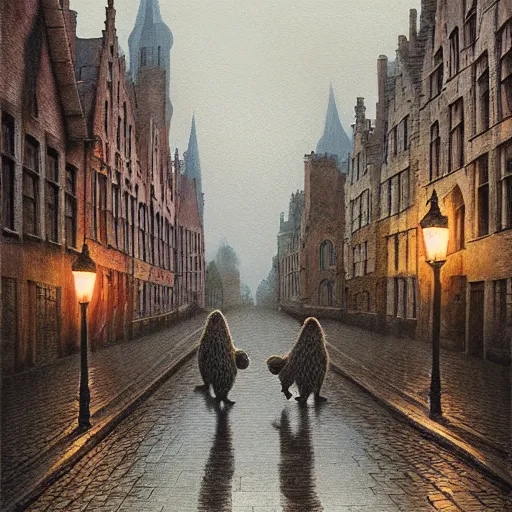 Image similar to 2 hedgehogs walking across the street next to eachother in Bruges, Belgium, in the style of Greg Rutkowski, autumn, evening, romantic