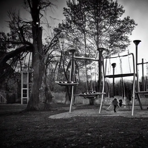Prompt: Haunted playground at night, 1930's, ghost kids playing on a swing, horror movie aesthetic, spooky, volumetric, apparitions, orbs, spirits