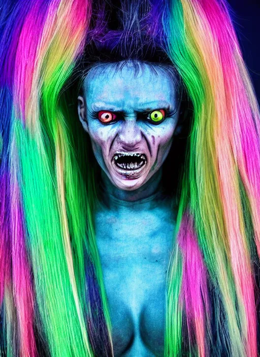 Prompt: a brutal terrifying and mysterious weird woman warped in horror with long rainbow - colored hair, her skin has gaps, spikes, and complex alien textures, terrifying and mysterious