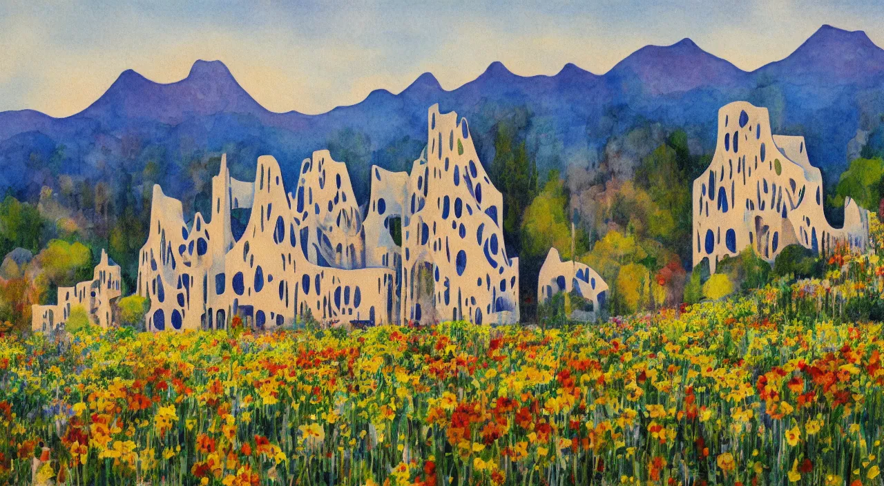 Image similar to a landscape painting of a house designed by Antoni Gaudí, with flower fields as foreground, with mountains as background