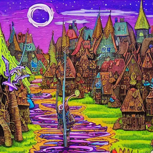 Image similar to acrylic painting, art in the style of Terry Moore, Moebius and Mohrbacher, a tiny village created out of candy with a river of chocolate, intricately detailed