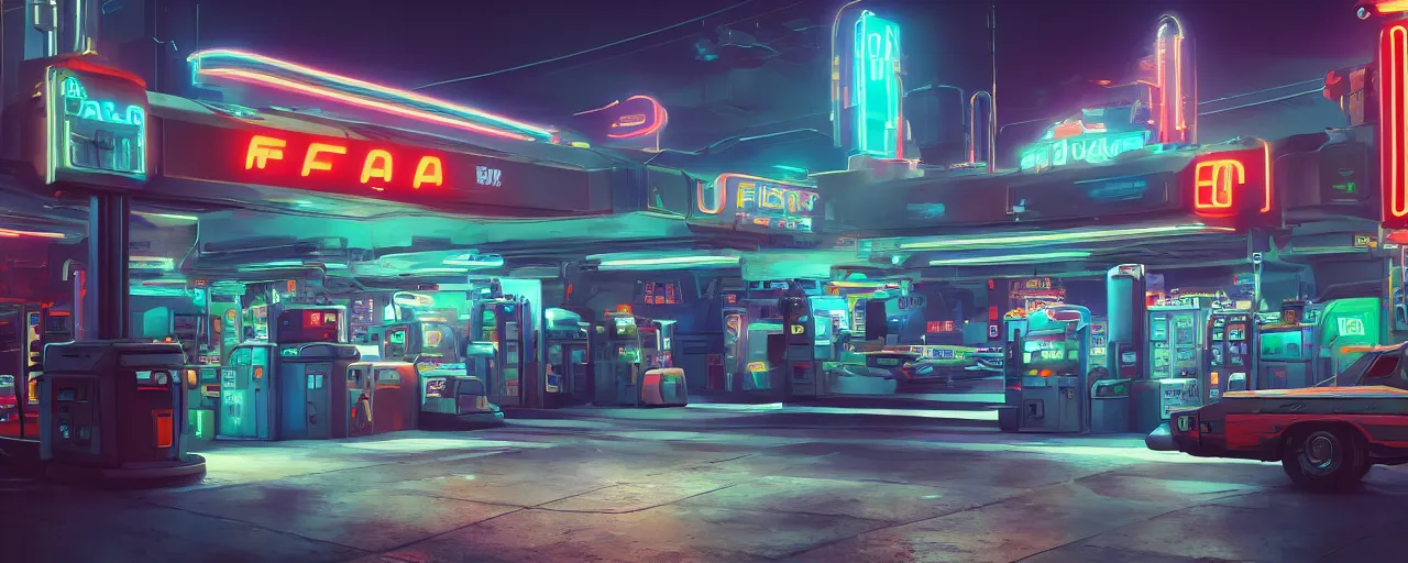 Image similar to boba fett visits a gas station in the night time, vaporwave aesthetic, neon signs, superliminal 8 k uhd, unreal engine, octane render in the artstyle of finnian macmanus, john park and greg rutkowski