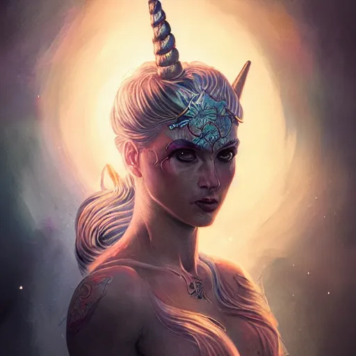 Image similar to goddess portrait, tattoo, unicorn, phoenix head, intricate artwork Tooth Wu, Greg Rutkowski, RPG, dynamic lighting, fantasy art, high contrast, depth of field, high detail, smooth gradients