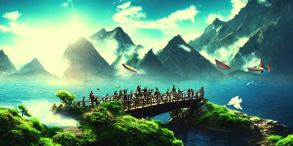 Image similar to dream, steampunk, beautiful nature, sunny day, sunshine lighting high mountains, which are higher than white fluffy clouds with green trees on top, a small wooden bridge connecting two mountains, ocean beneath the mountains with clear blue water, steel whales jumping and showing from the waves, cinematic, 8k, highly detailed