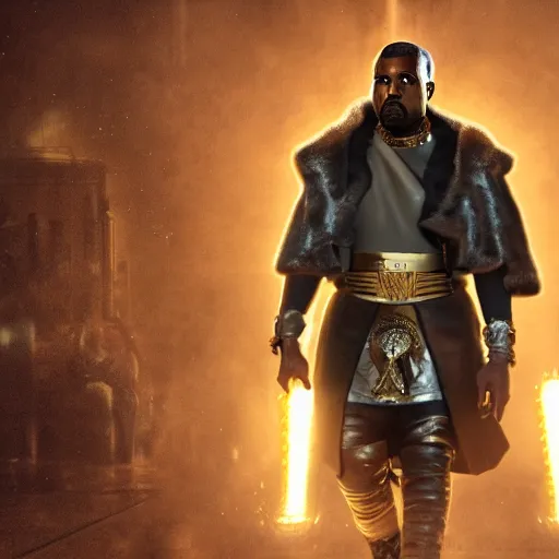 Prompt: Kanye West as Emperor Napoleon in Fallout New Vegas, splash art, movie still, cinematic lighting, dramatic, octane render, long lens, shallow depth of field, bokeh, anamorphic lens flare, 8k, hyper detailed, 35mm film grain