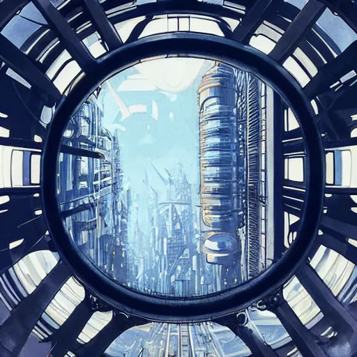 Prompt: centered circular derelict portal in a middle of a futuristic cityscape located under a bridgeway, world seen only through a portal, daylight, cinematic perspective, cinematic lighting, blue sky, syd mead, john harris, symmetrical