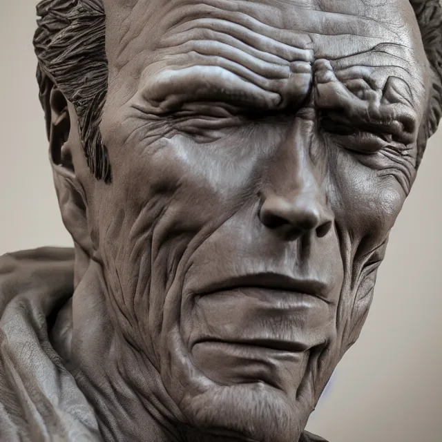 Image similar to photography of a sculpture of Clint Eastwood made of clay by Sebastian Kruger and Michelangelo, 50mm, studio atmosphere, 8K, rim light, octane render, ultra-realistic