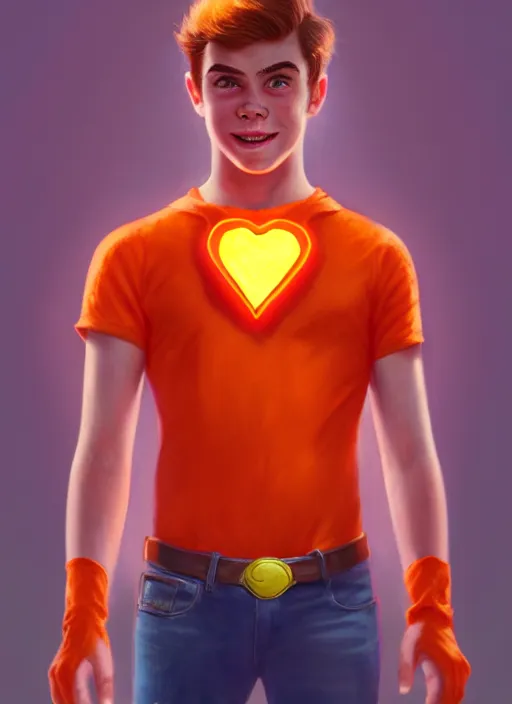 Image similar to friendly teenage archie andrews wearing an orange superhero costume with heart logo, freckles, superhero costume, heart emblem on chest, cape, intricate, elegant, glowing lights, highly detailed, digital painting, artstation, sharp focus, illustration, art by wlop, mars ravelo and greg rutkowski