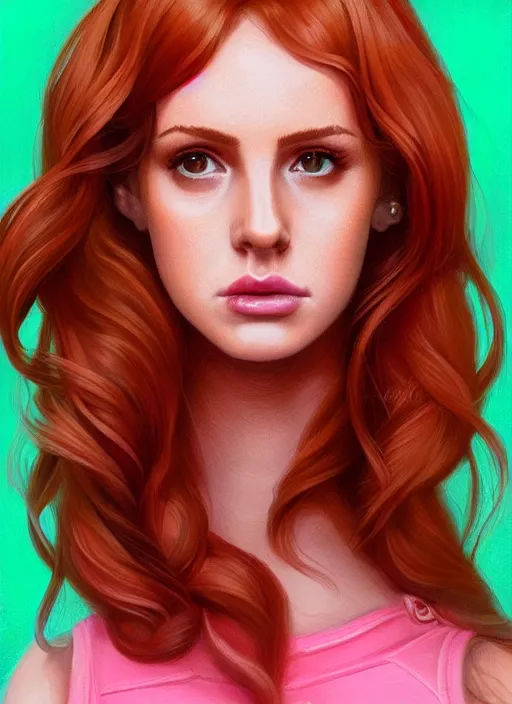 Image similar to full body portrait of teenage cheryl blossom, bangs, green eyes, sultry expression, red hair, sultry smirk, bangs and wavy hair, pink skirt, bangs, intricate, elegant, glowing lights, highly detailed, digital painting, artstation, concept art, smooth, sharp focus, illustration, art by wlop, mars ravelo and greg rutkowski