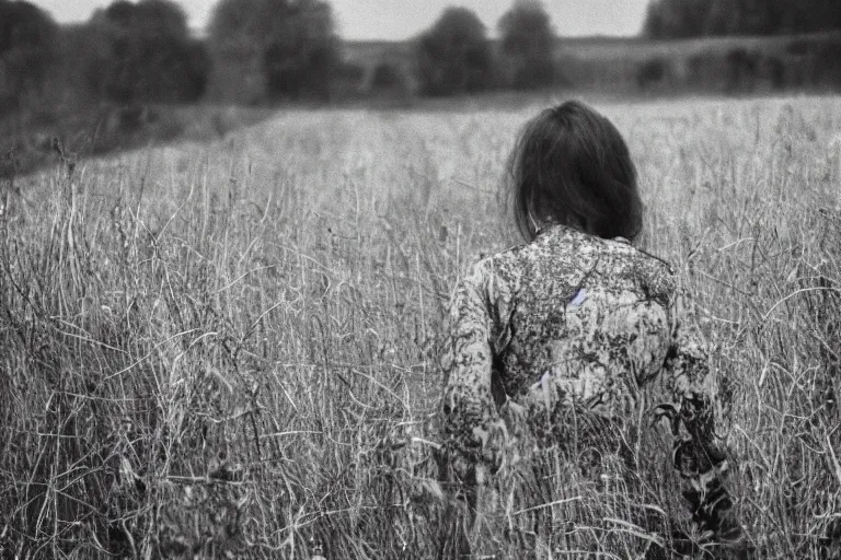 Image similar to a closeup of a woman's back in a countryside, Andrei Tarkovsky film style, photography, 1970s