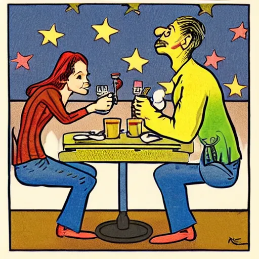 Image similar to caricature by robert crumb, an uneven couple character sitting at a table in diner : : graphic art on a plain background, subdued colors, detailed drawing