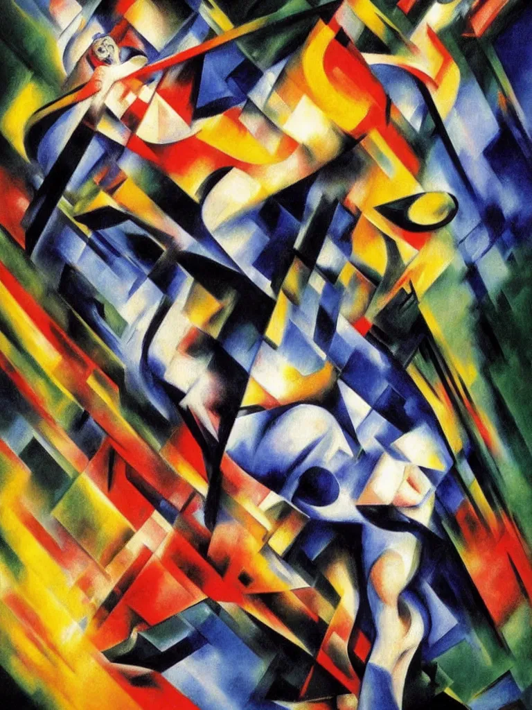 Prompt: Beautiful Futurist Painting of a Classical Marble Statue of a Man Descending a Staircase sculpted by Michelangelo painted by Franz Marc By Marcel Duchamp, Bright Intense Colors shocking detail hyperrealistic trending on artstation